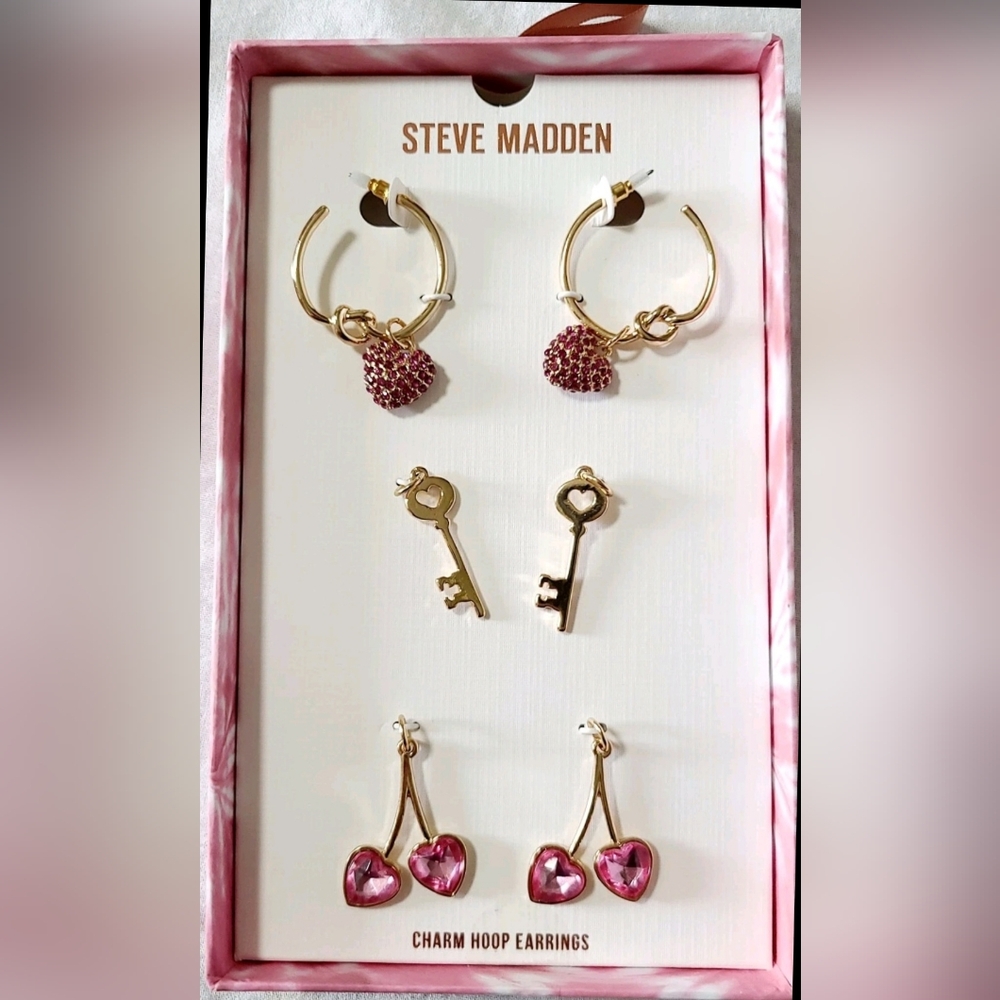 Steve Madden Gold and Pink Charm Hoop Earrings Set